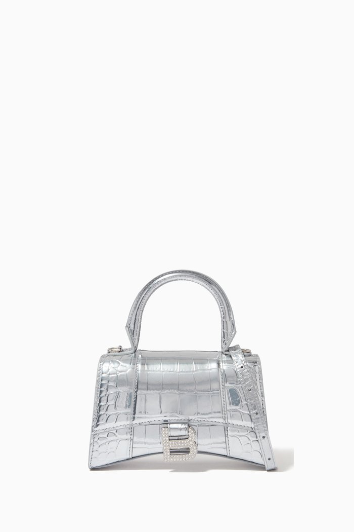 

Hourglass XS Top Handle Bag in Metallic Crocodile Embossed Calfskin, Silver