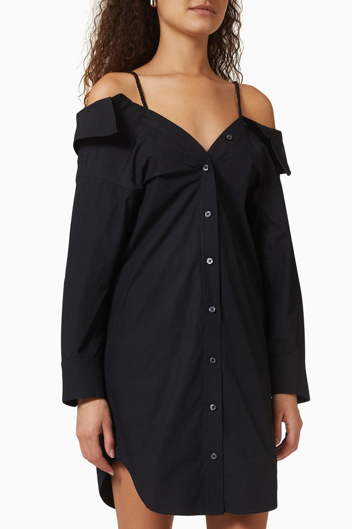 

Cold-shoulder Mini Shirt Dress in Compact Cotton, Black