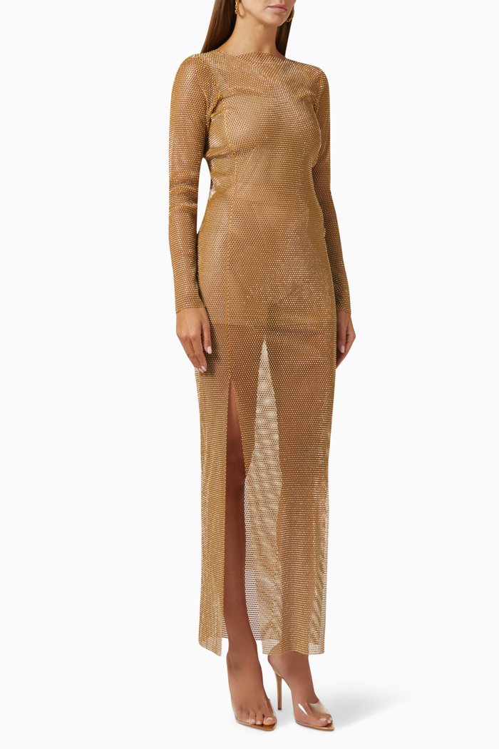 

Diamond Embellished Sheer Maxi Dress in Mesh, Gold