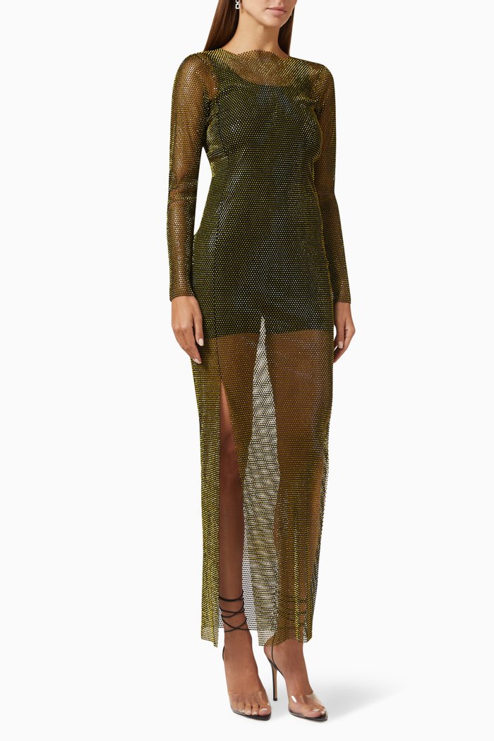 

Diamond Embellished Sheer Maxi Dress in Mesh, Yellow