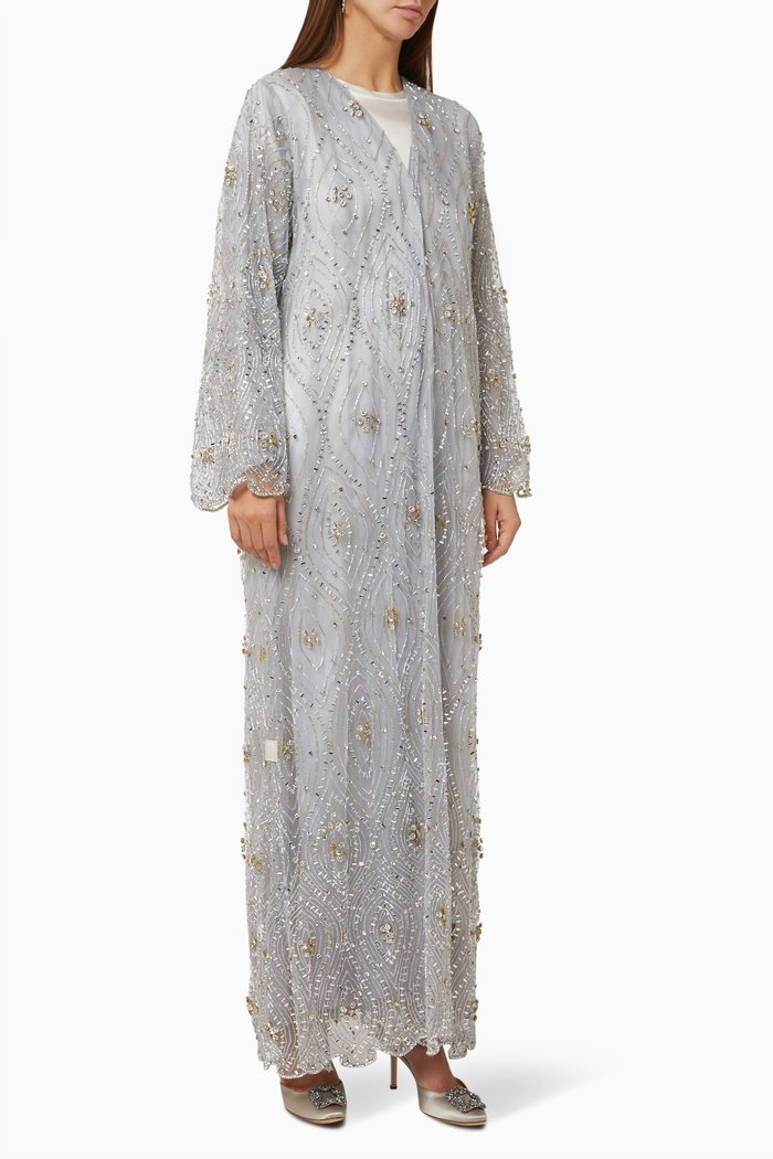 

Embellished Crystal Wedding Abaya in Tulle, Grey