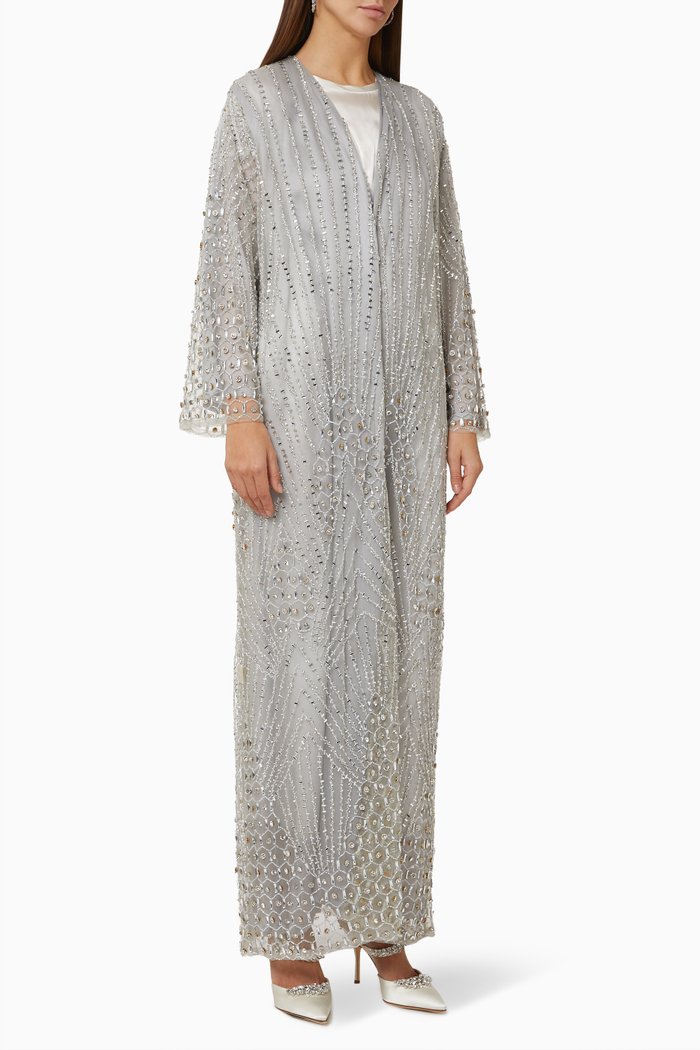 

Embellished Crystal Wedding Abaya in Tulle, Grey