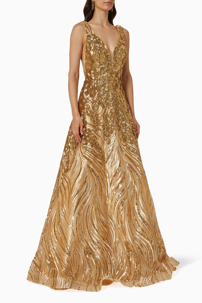 

Sleeveless Gown in Sequin, Gold