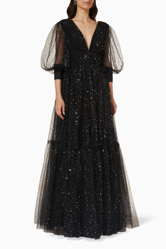 

Puff Sleeve Dress in Glitter Tulle, Black