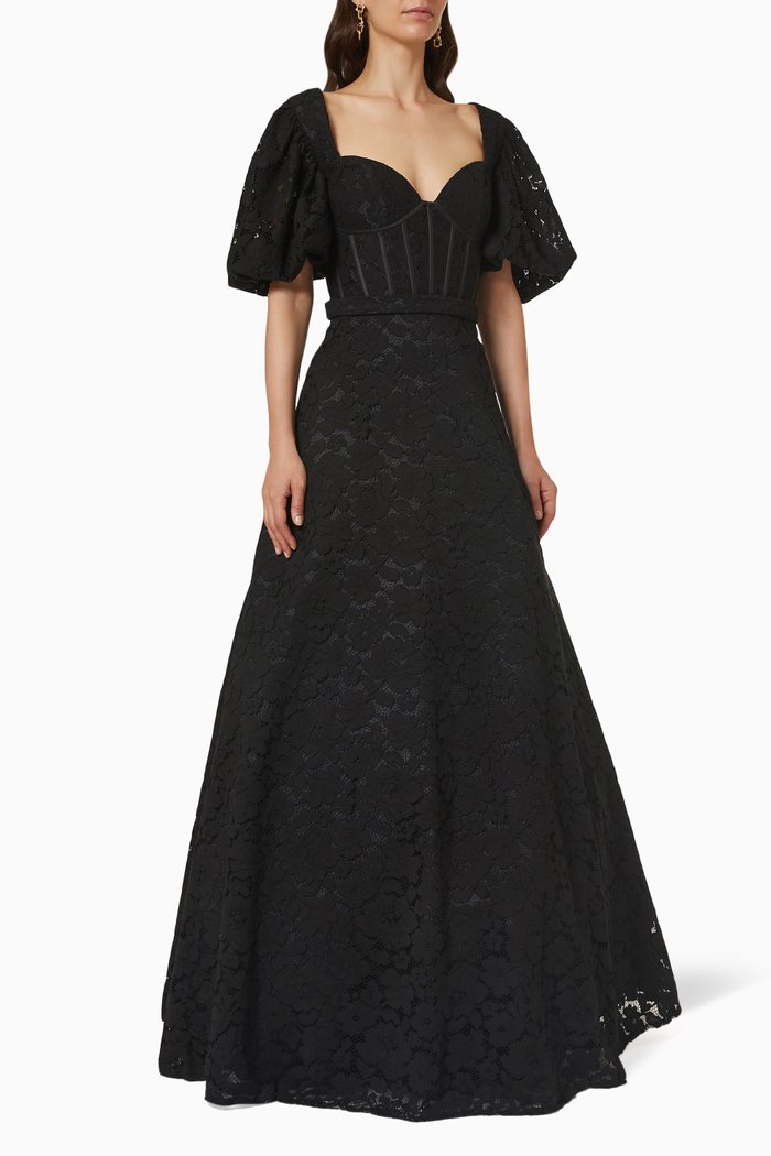 

Puff Sleeve Dress in Lace, Black