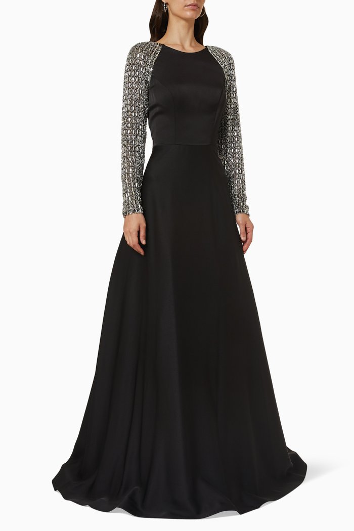 

Crystal Embellished Sleeve Maxi Gown, Black