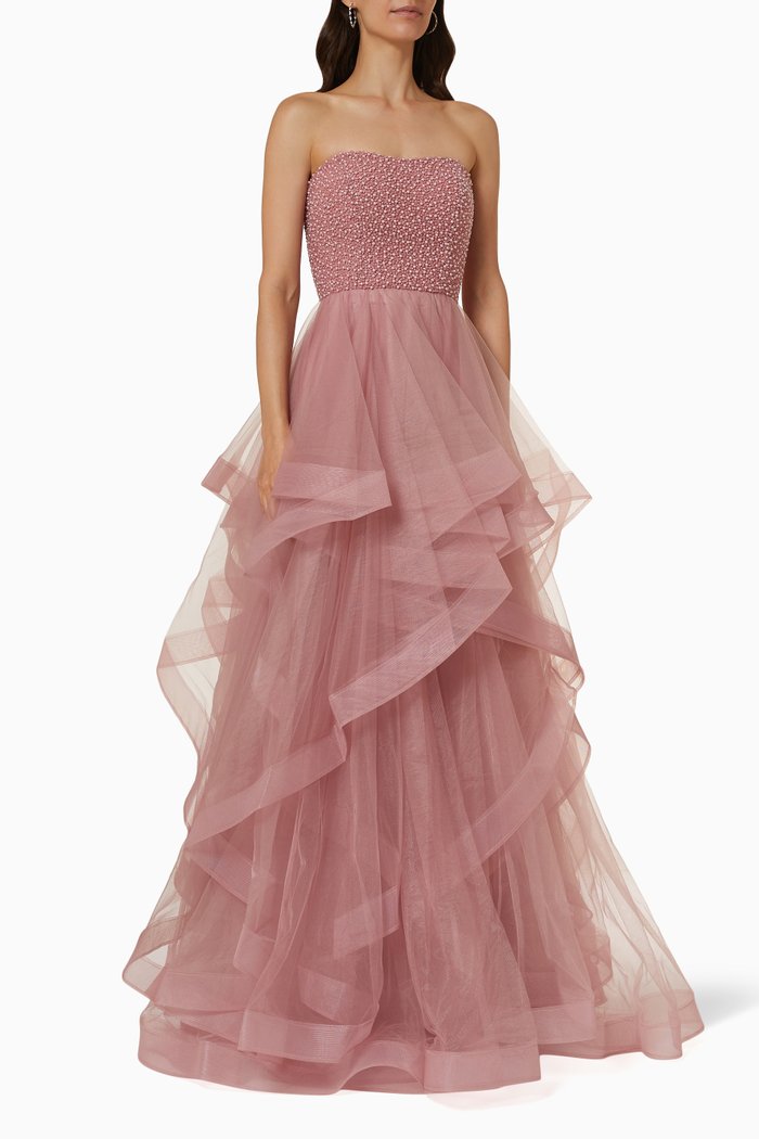 Beaded Bodice Tiered Gown in Tulle Mesh, Pink