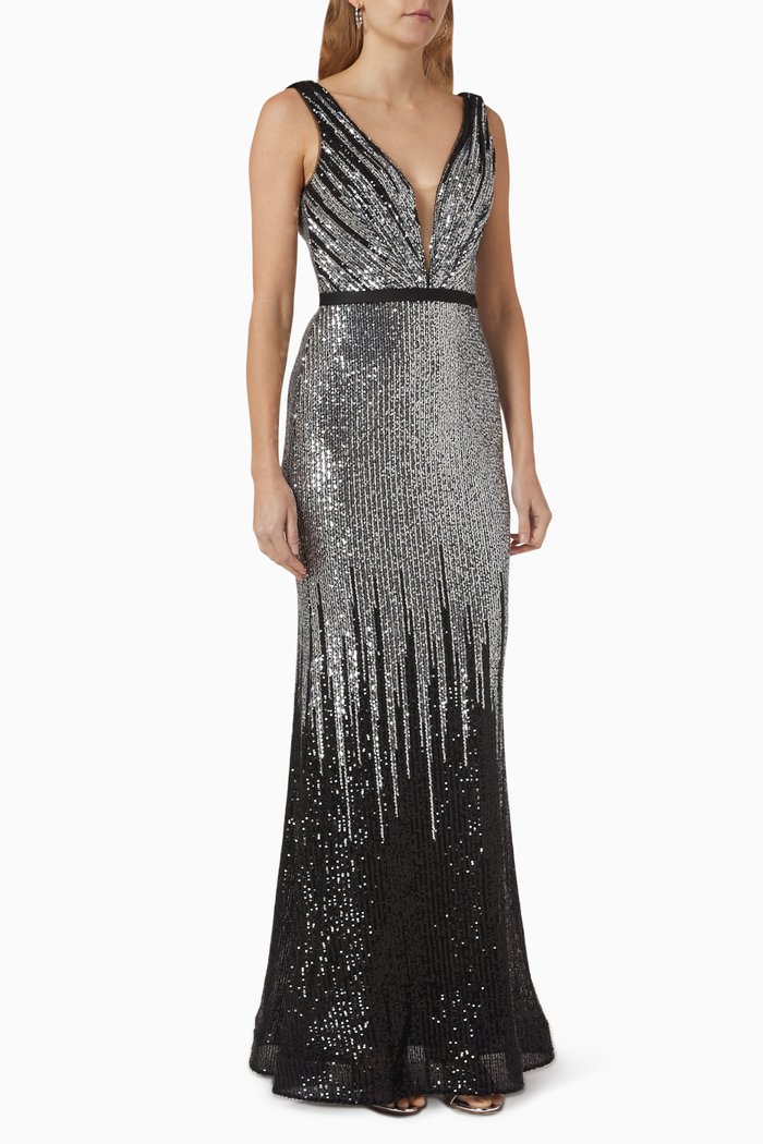 Sleeveless Gown in Sequin, Black