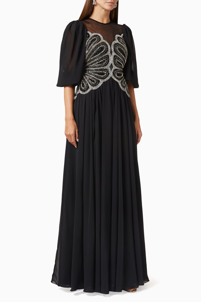 

Floral Embellished Bodice Gown, Black