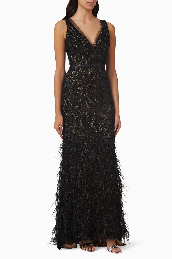 

Embellished Feather-trimmed Gown in Lace & Tulle, Black