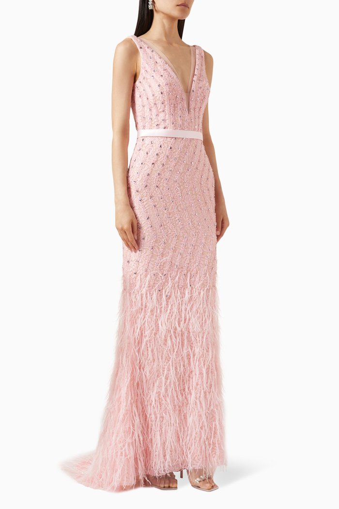

Embellished Feather-trimmed Gown in Lace & Tulle, Pink