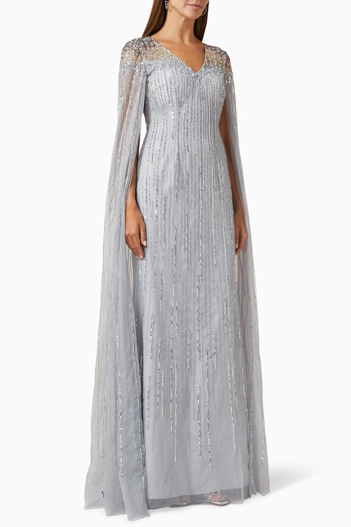 

Embroidered Cape-sleeved Gown, Silver