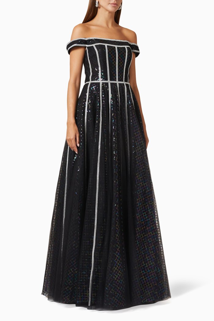 

Embellished Off-shoulder Gown in Tulle, Black