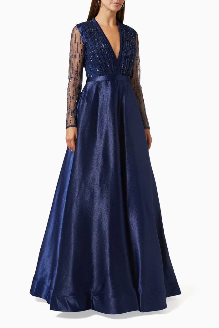 

Embellished V-neck Gown in Satin-crêpe, Blue