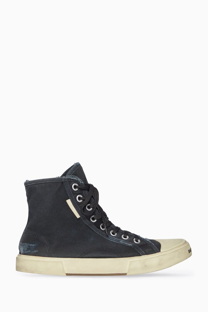 Paris High Top Sneakers in Destroyed Cotton & Rubber, Black
