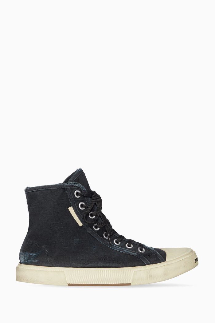 Paris High Top Sneakers in Destroyed Cotton & Rubber, Black
