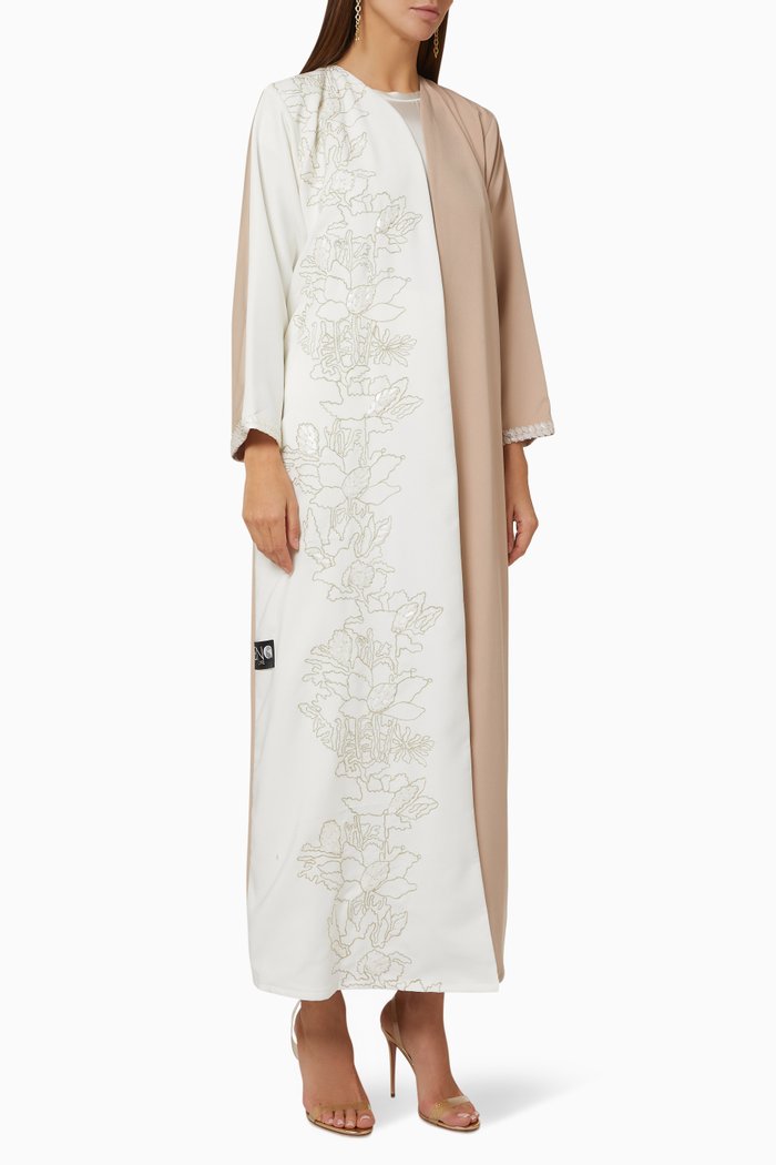 

Two-tone Sequin Embroidered Abaya in Crepe, Neutral