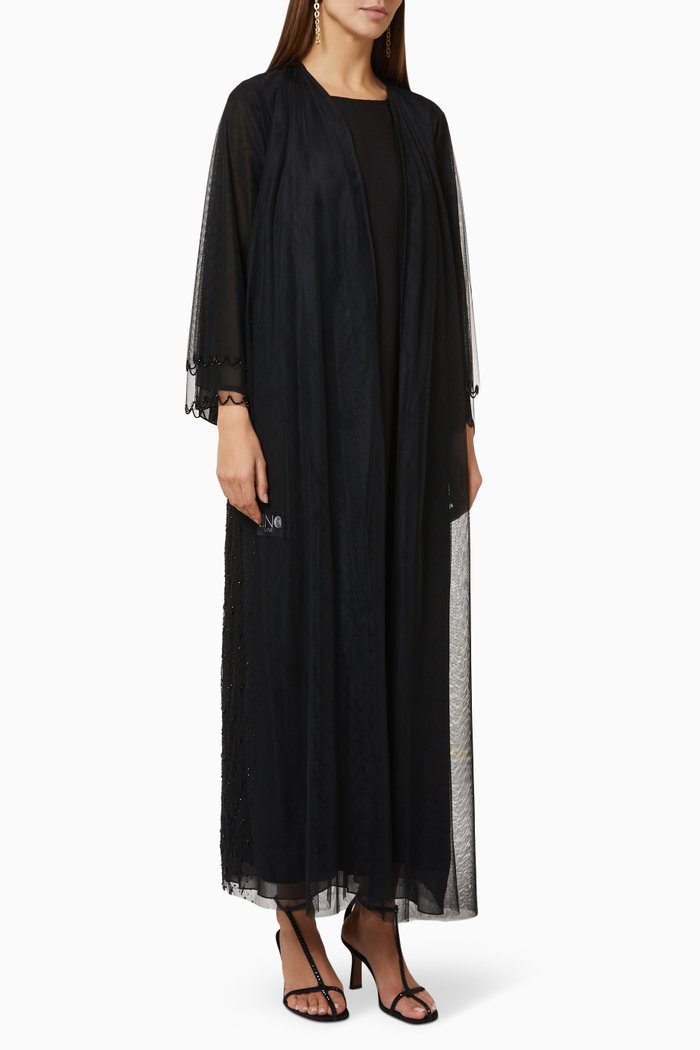 Sequin Embellished Abaya in Tulle Mesh, Black
