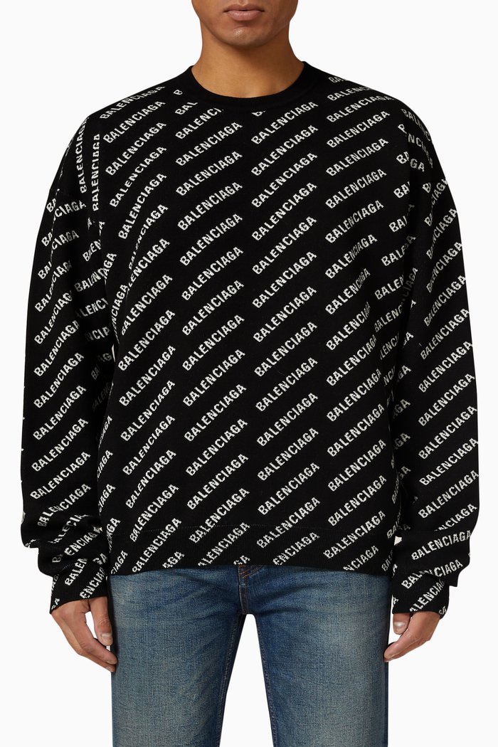 Mini Allover Logo Sweater in Cotton Blend, Black