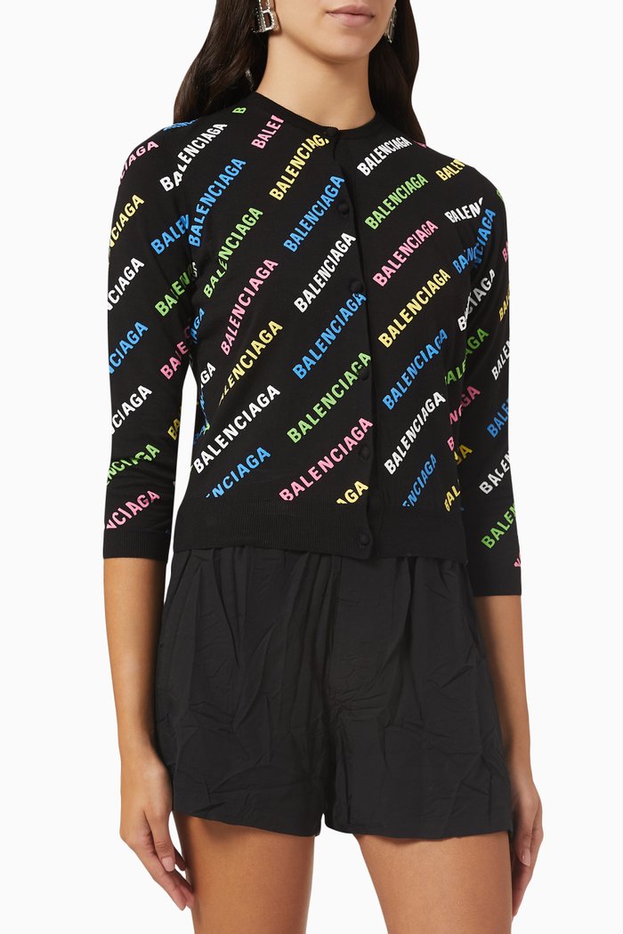 

Allover Logo Crop Cardigan in Cotton Knit, Black