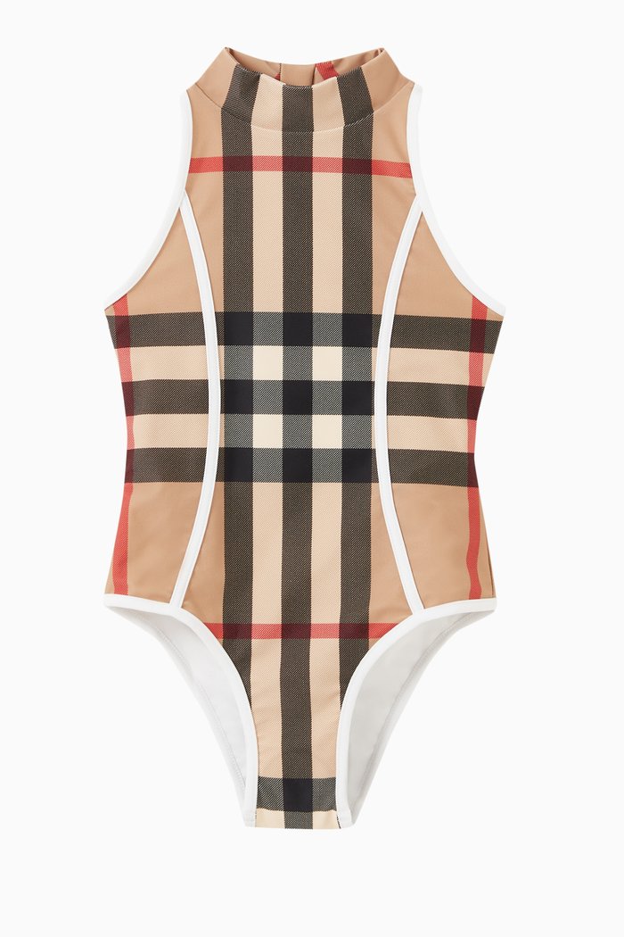 Check Print One-piece Swimsuit in Technical Fabric, Neutral