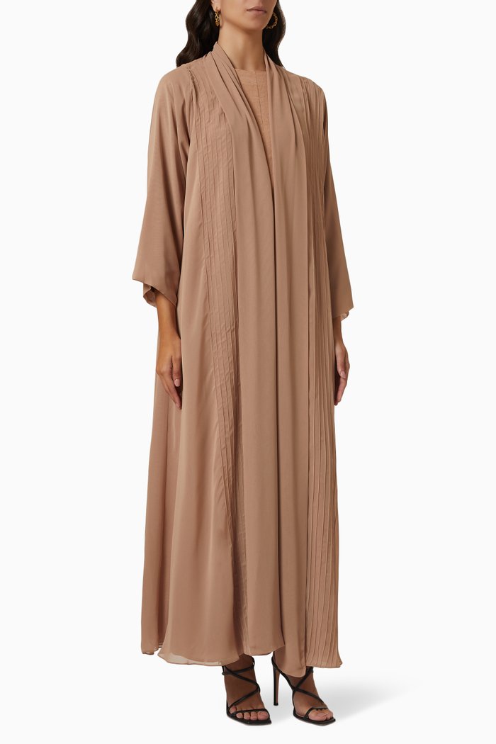 

4-piece Topstitch Abaya Set in Chiffon & Matte Satin, Neutral