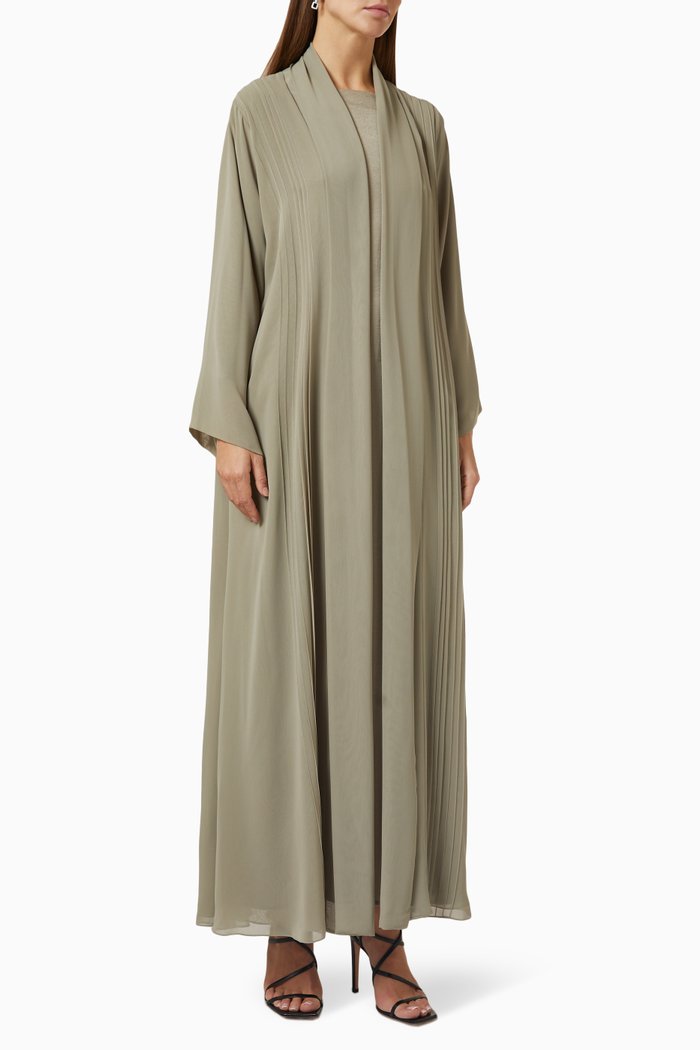4-piece Topstitch Abaya Set in Chiffon & Matte Satin, Green