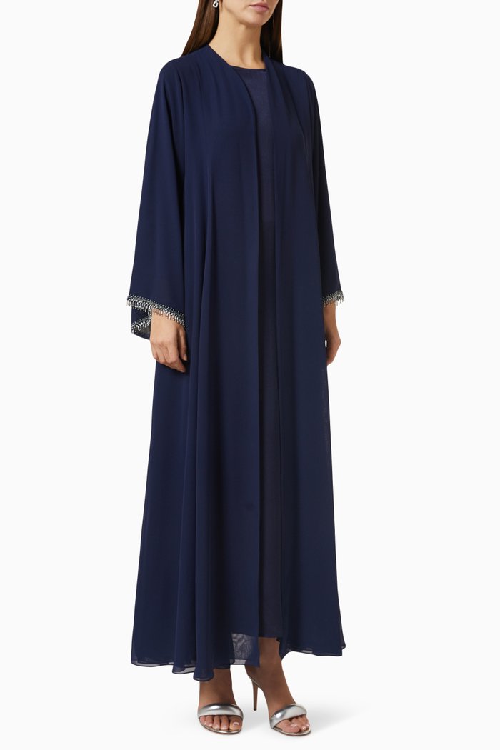 

4-piece Embellished Abaya Set in Chiffon & Matte Satin, Blue