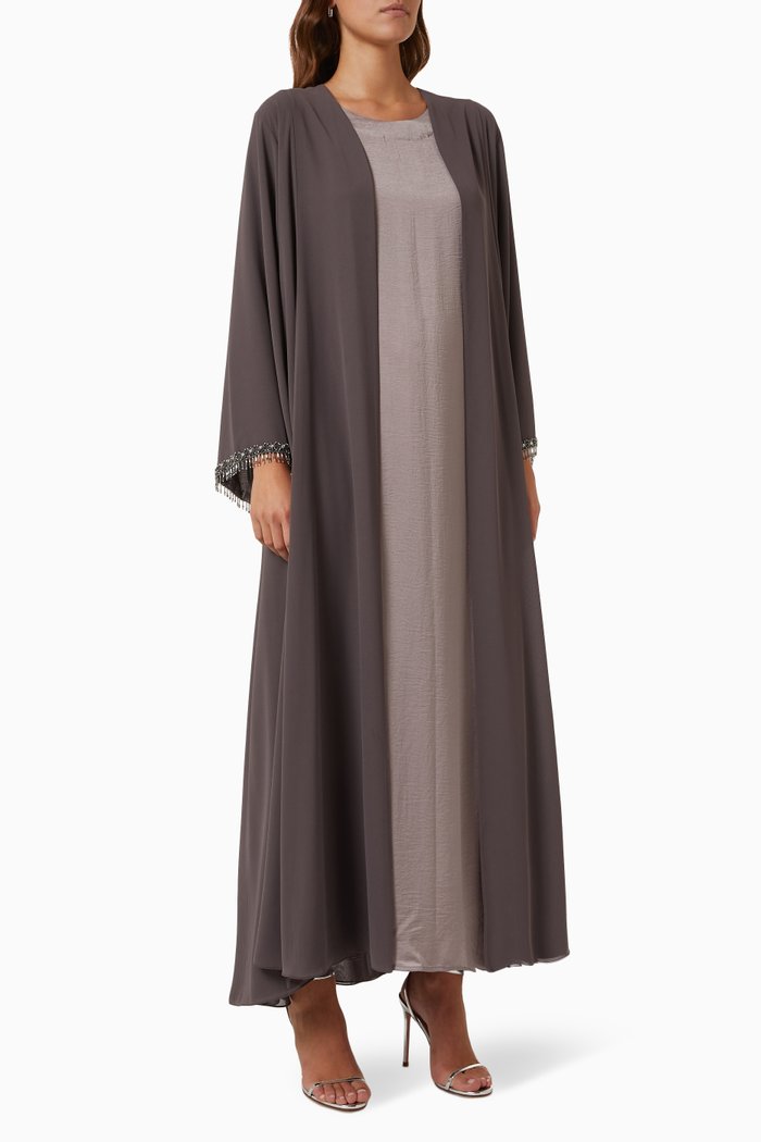 

3-piece Embellished Abaya Set in Chiffon & Matte Satin, Grey