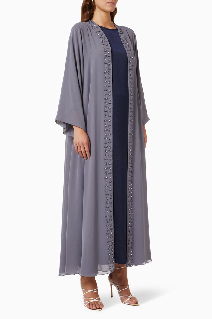 

4-piece Embellished Abaya Set in Chiffon & Matte Satin, Grey