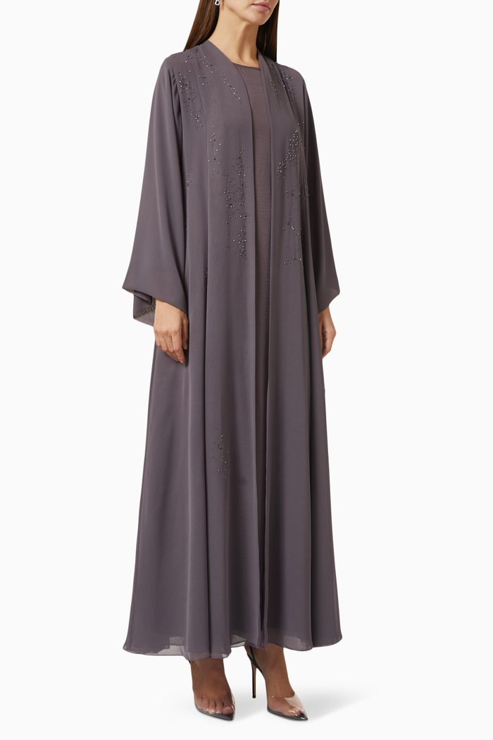 

4-piece Embellished Abaya Set in Chiffon & Matte Satin, Grey