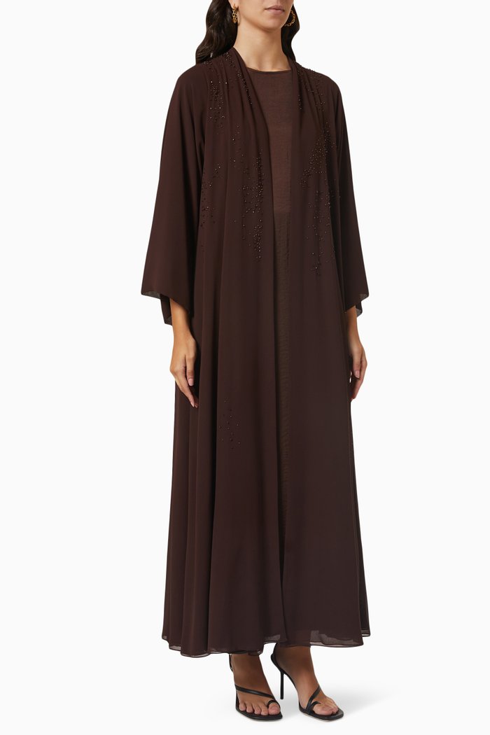 

3-piece Embellished Abaya Set in Chiffon & Matte Satin, Brown