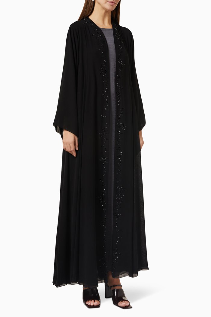 

4-piece Embellished Abaya Set in Chiffon & Matte Satin, Black