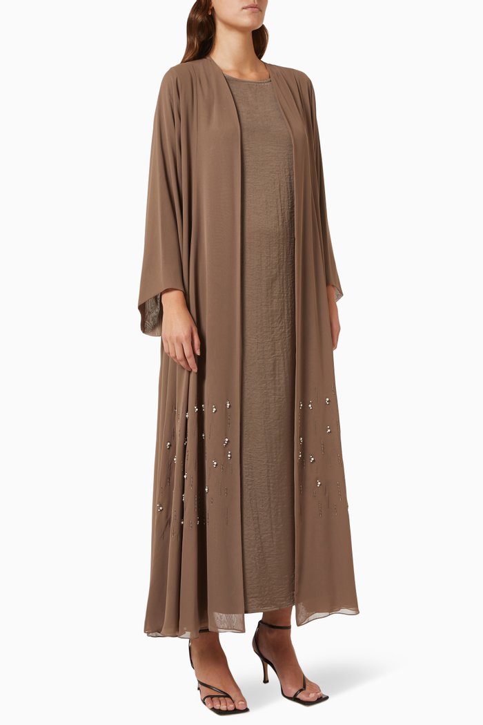

3-piece Embellished Abaya Set in Chiffon, Brown