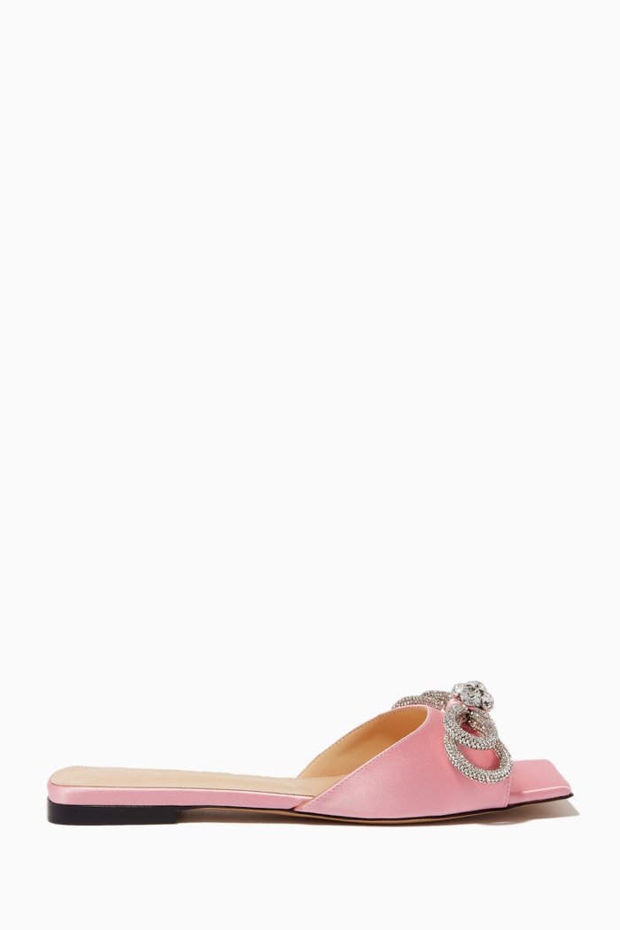 

Double Bow Crystal Square Slides in Satin, Pink