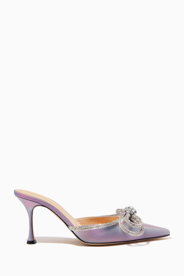 

Double Bow 85mm Mule Heel Sandals in LED Leather, Pink