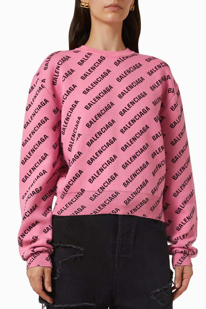 

Allover Logo Cropped Sweater in Cotton Wool Knit, Pink