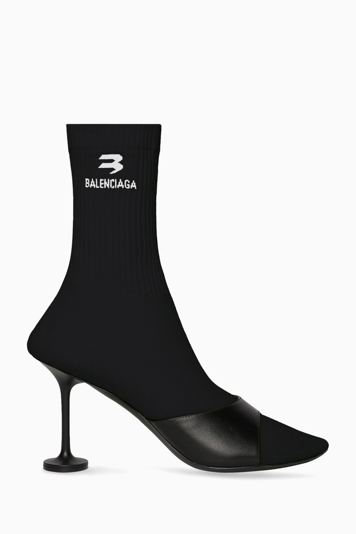 Sock Booties in Calfskin & Recycled Knit, Black