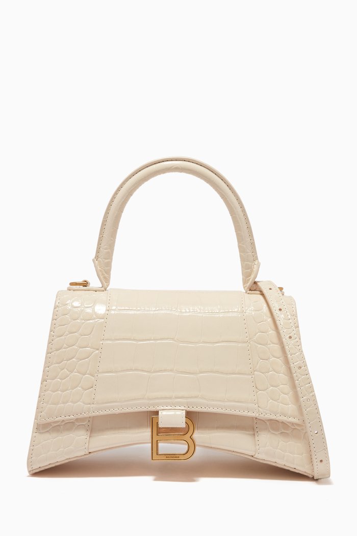 

Hourglass Small Top Handle Bag in Shiny Croc-embossed Calfskin, Neutral