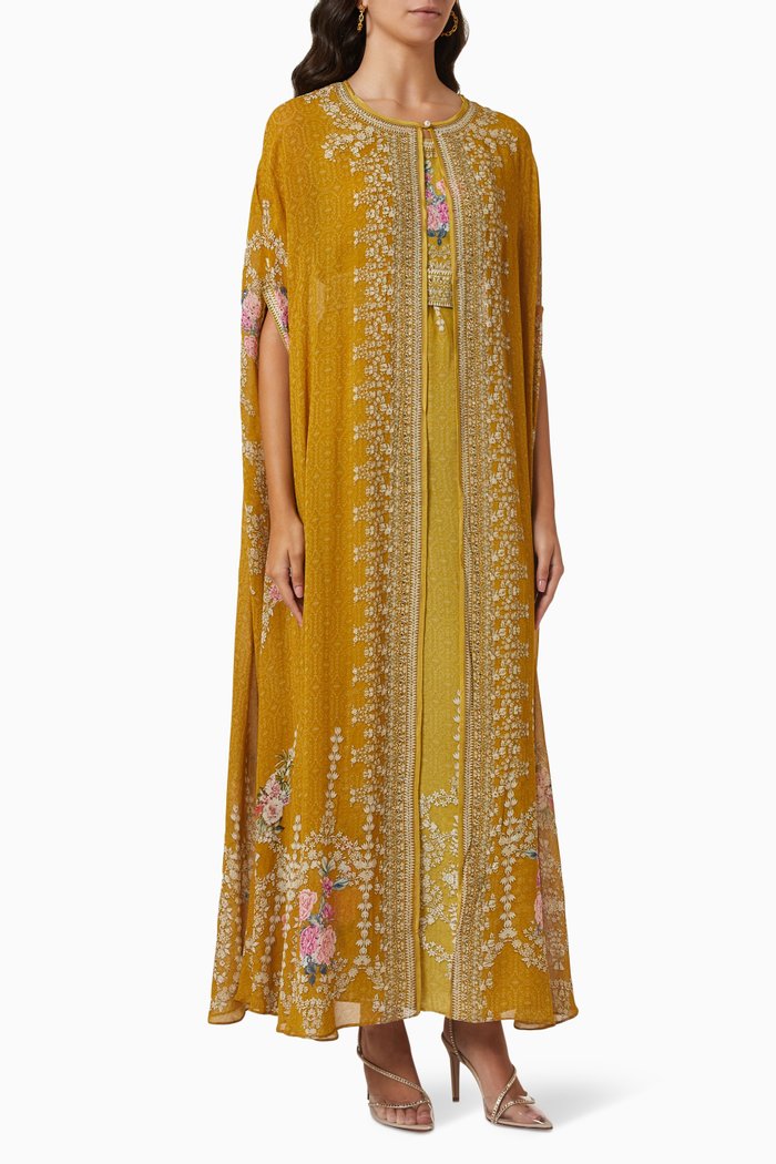 

Floral Embellished Kaftan in Chiffon, Yellow