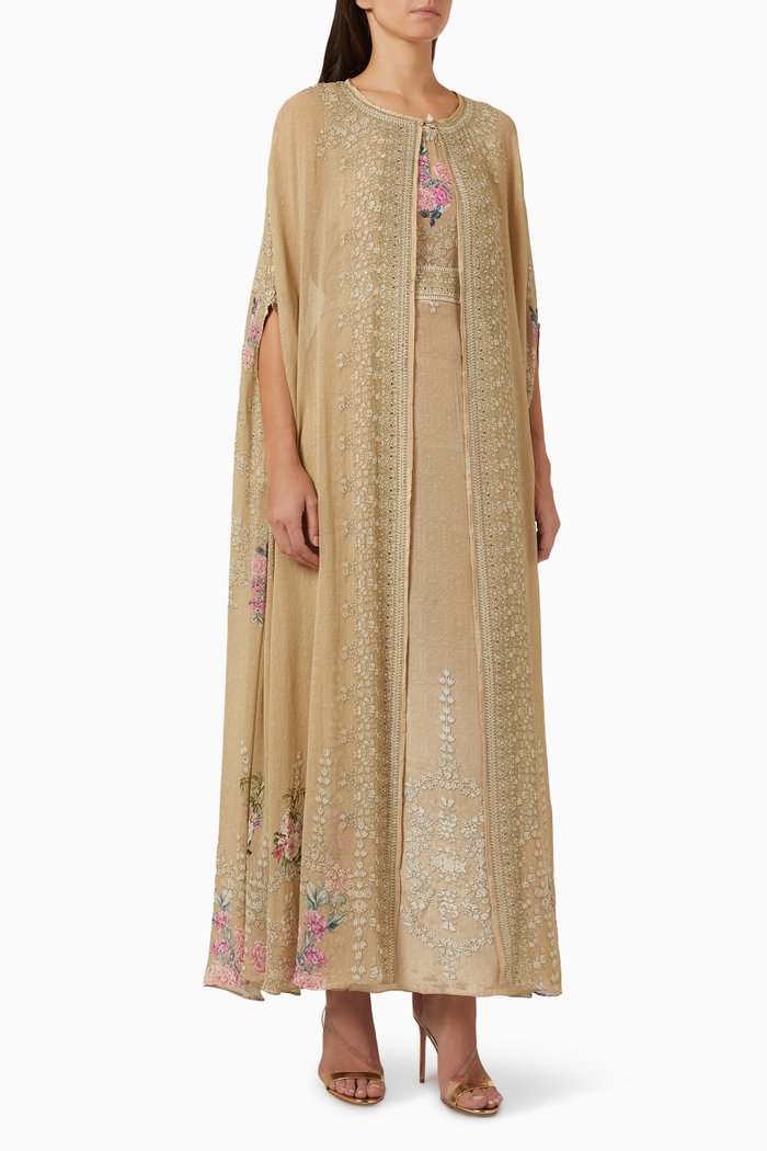 Embellished Floral Print Cape Kaftan, Neutral