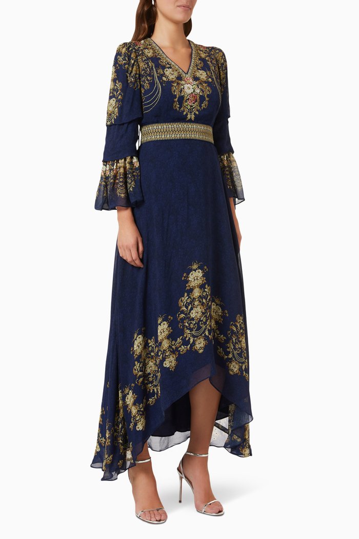

Floral Embellished Kaftan in Chiffon, Blue