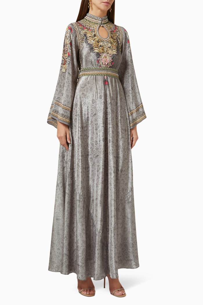 

Floral Embellished Kaftan in Georgette, Grey