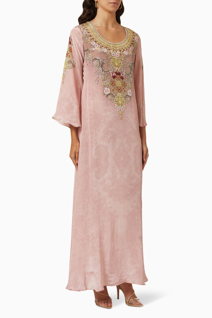 

Floral Crystal Embellished Kaftan in Georgette, Pink