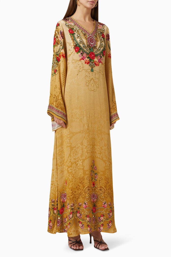 

Floral Crystal Embellished Kaftan in Georgette, Neutral