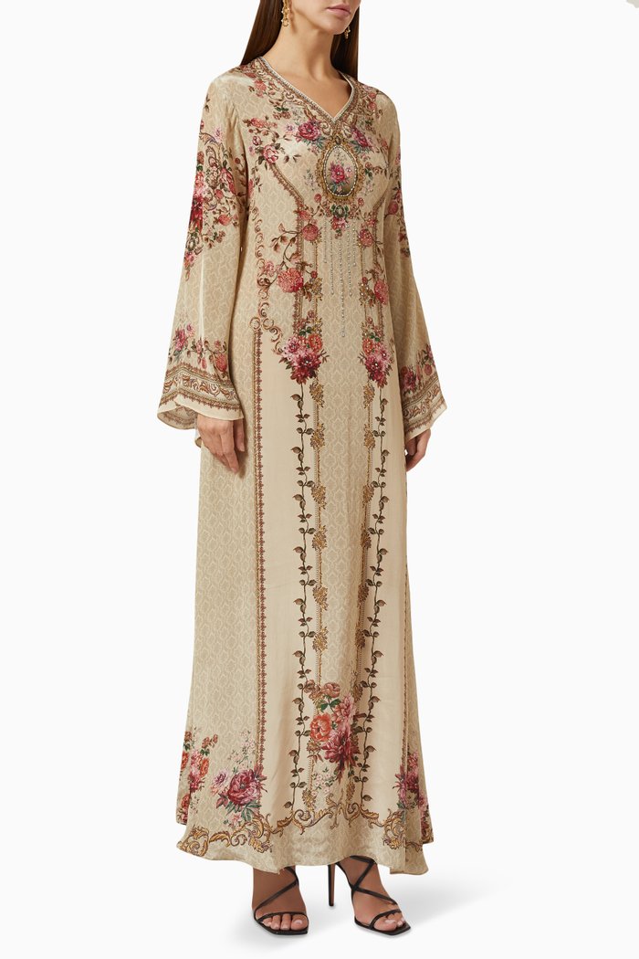 

Floral Crystal Embellished Kaftan in Georgette, Neutral