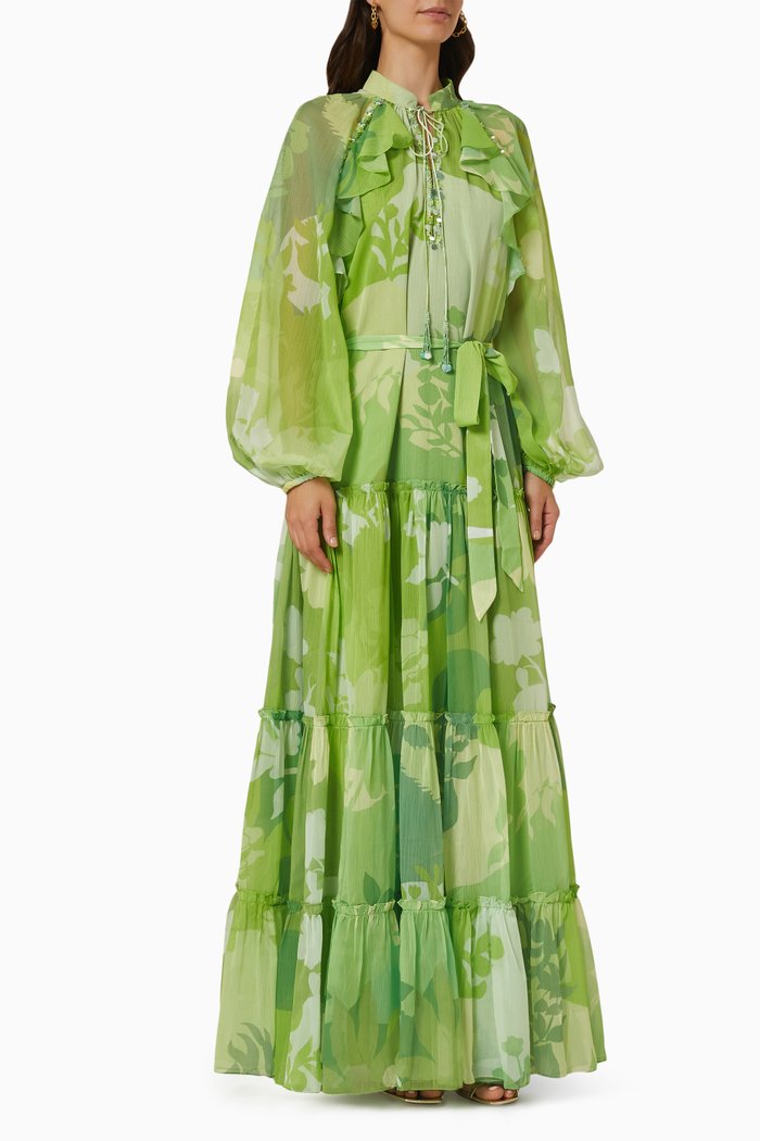

Porta Tiered Maxi Kaftan in Organza, Green