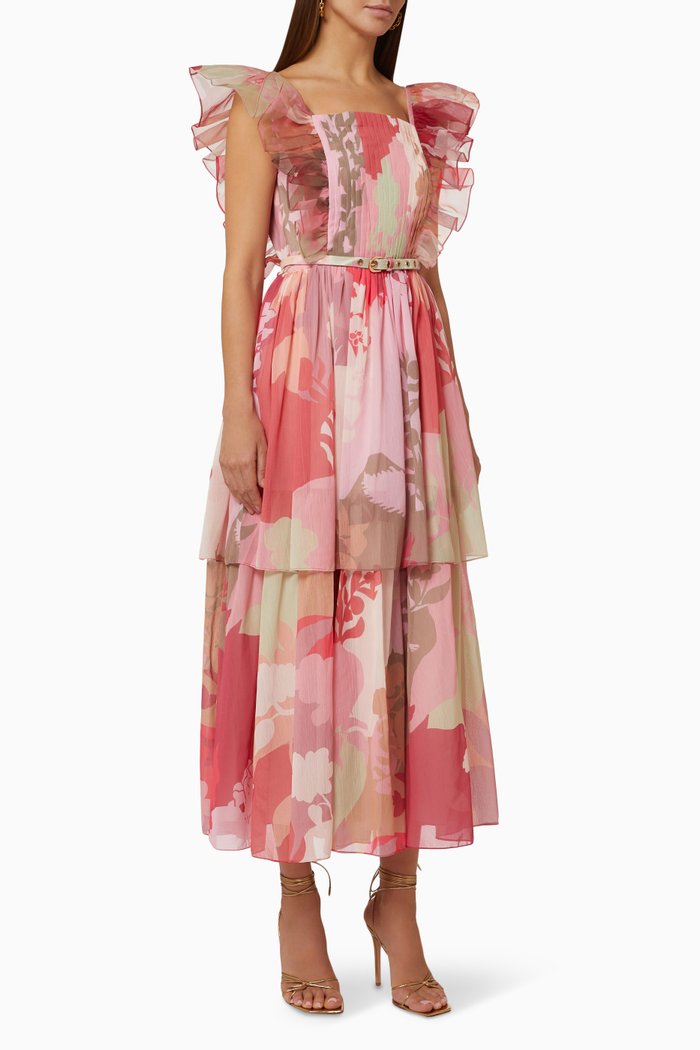 

Citrus-A Belted Ruffle Midi Dress in Chiffon, Pink