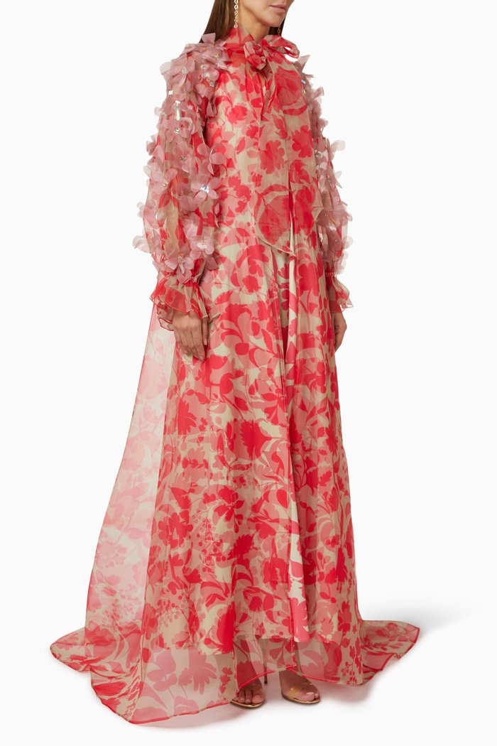 

Coralie-A Cape Overlay Maxi Dress in Organza, Orange