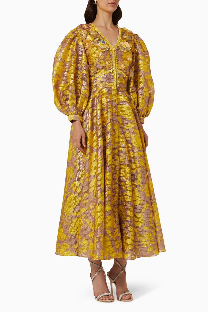 

Solaris Maxi Dress in Silk Jacquard, Yellow